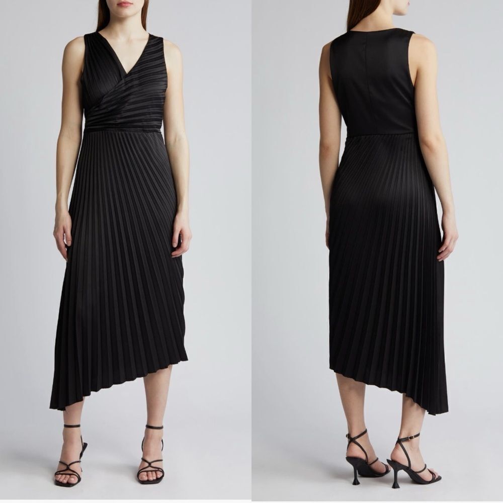 Sam Edelman Pleated Asymmetric Hem‎ Satin Dress, Classic Black, Size 10, NWT